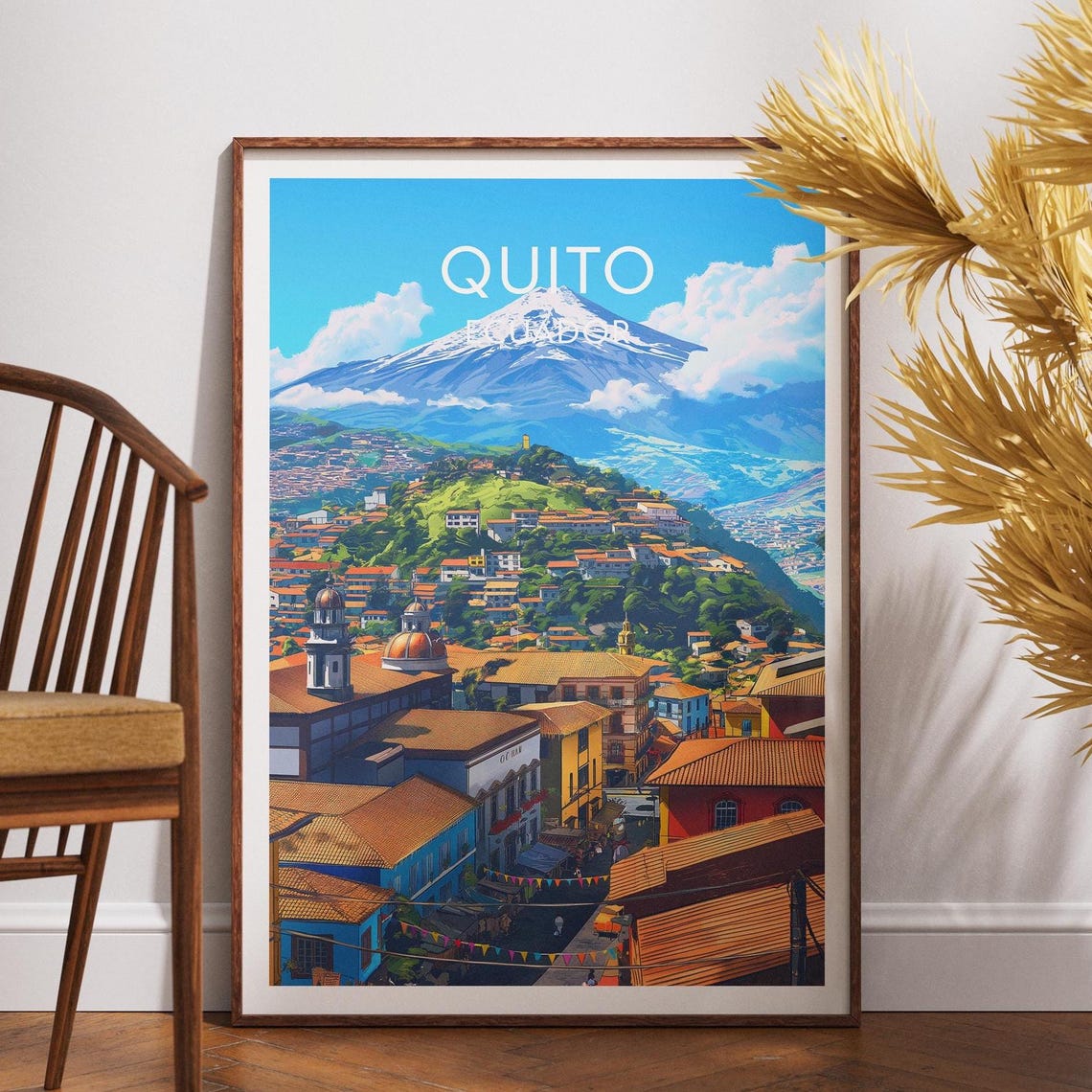 Quito Ecuador Old Town Rooftops Below a Snowy Volcano Poster