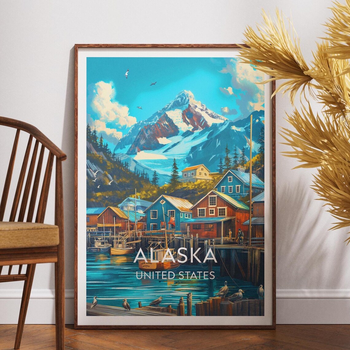 Alaska Harbor Fishing Boats Glacier Mountain Vintage Travel Poster