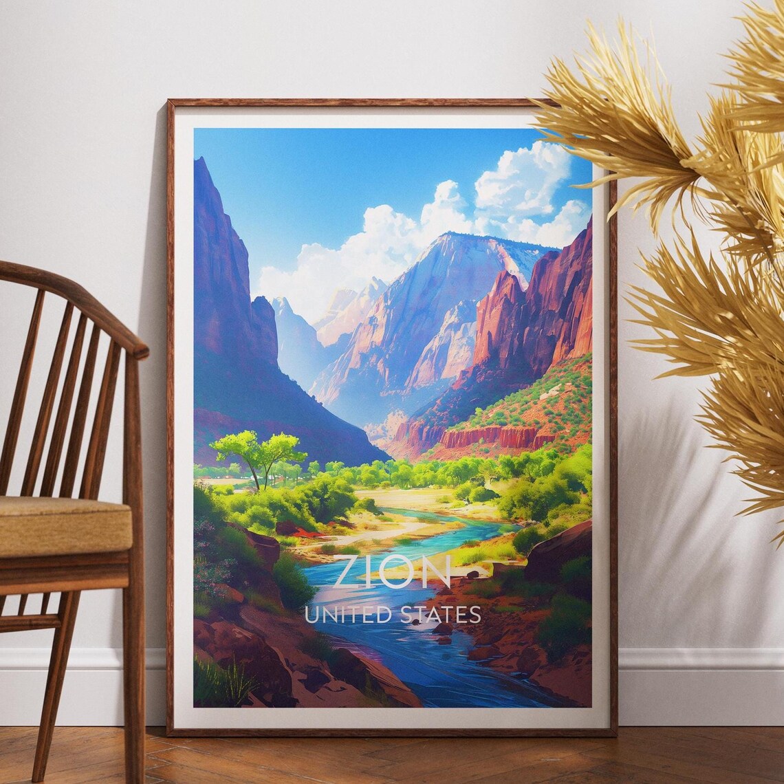 Zion United States Desert Canyon River Landscape Retro Travel Poster