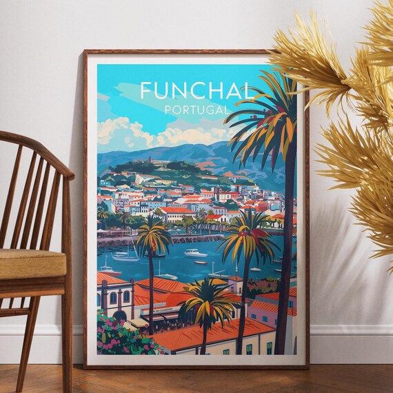 Funchal Portugal Travel Art Harbor Palms Madeira Coast Poster