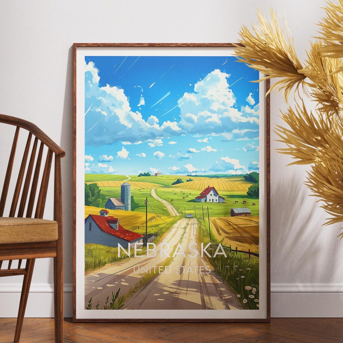 Nebraska United States Sunny Farm Road Landscape Travel Poster