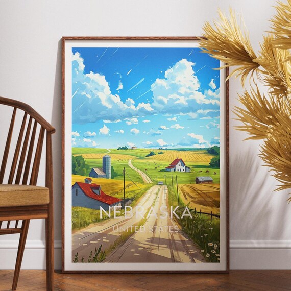 Nebraska United States Sunny Farm Road Landscape Travel Poster