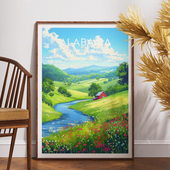 Alabama Countryside River Red Barn Wildflowers Vintage Travel Poster