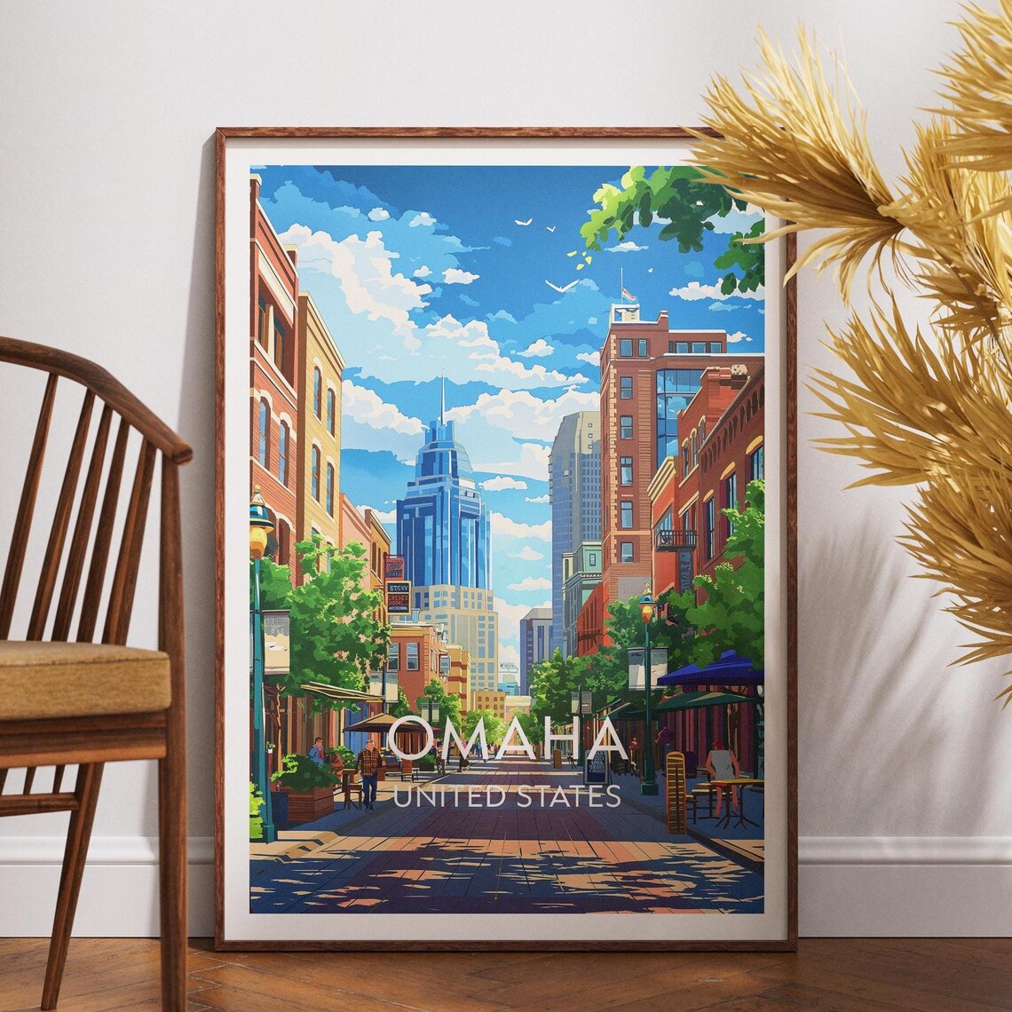 Omaha United States Vintage Downtown Street Scene Travel Poster