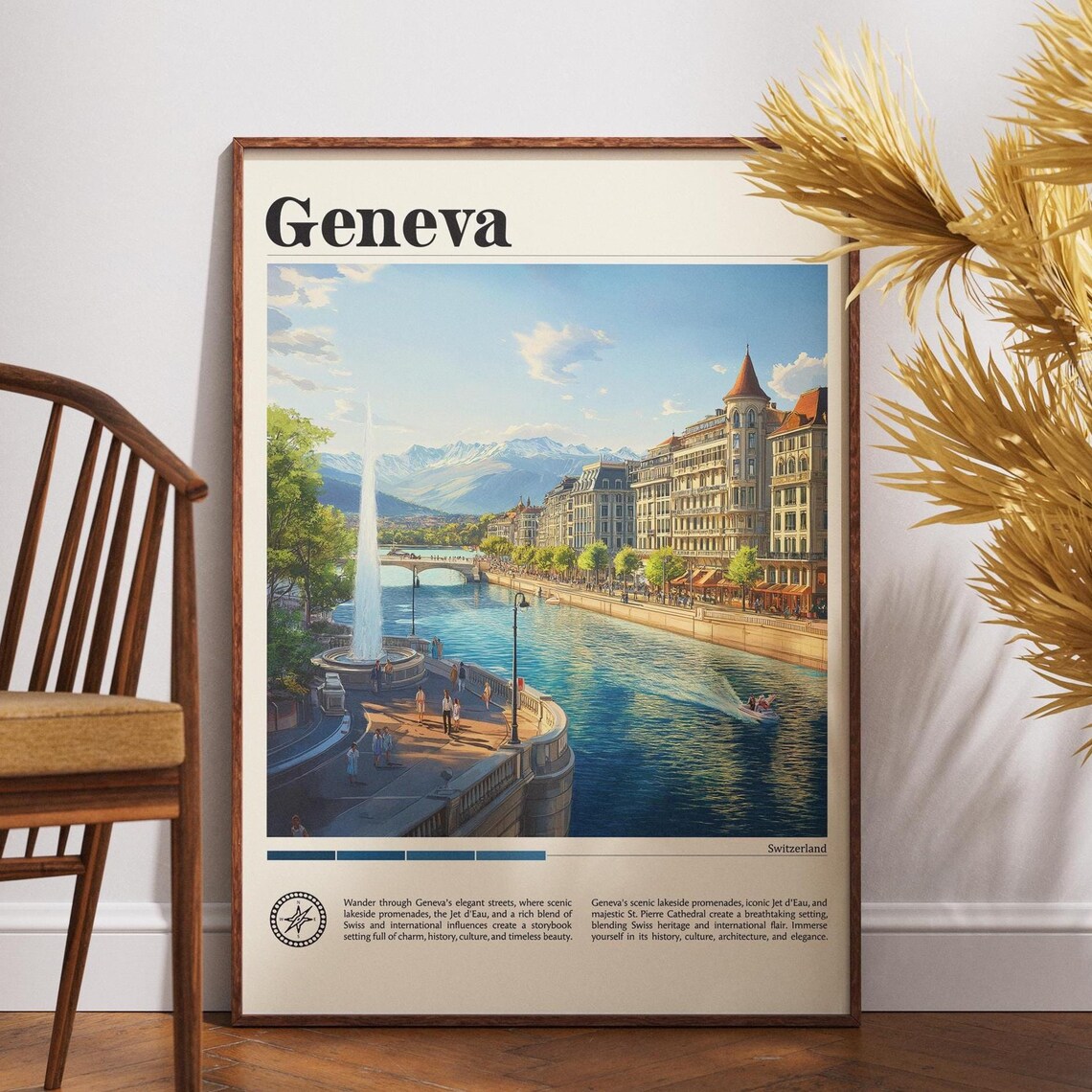 Geneva Lakeside Promenade Jet d'Eau Switzerland Travel Poster