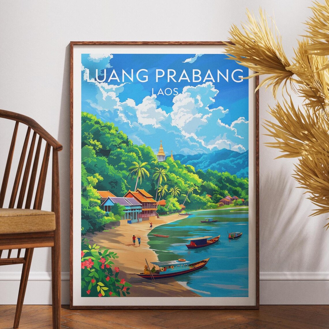 Luang Prabang Laos Riverside Village Boats Temple Travel Poster