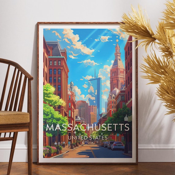 Massachusetts United States Downtown Skyline Brick Street Travel Poster