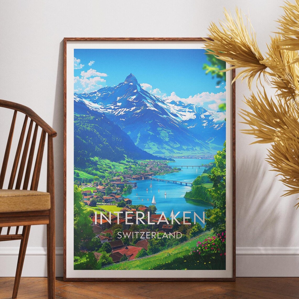 Interlaken Switzerland Alpine Lake Mountain Village Travel Poster
