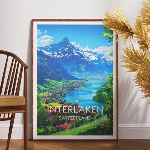 Interlaken Switzerland Alpine Lake Mountain Village Travel Poster
