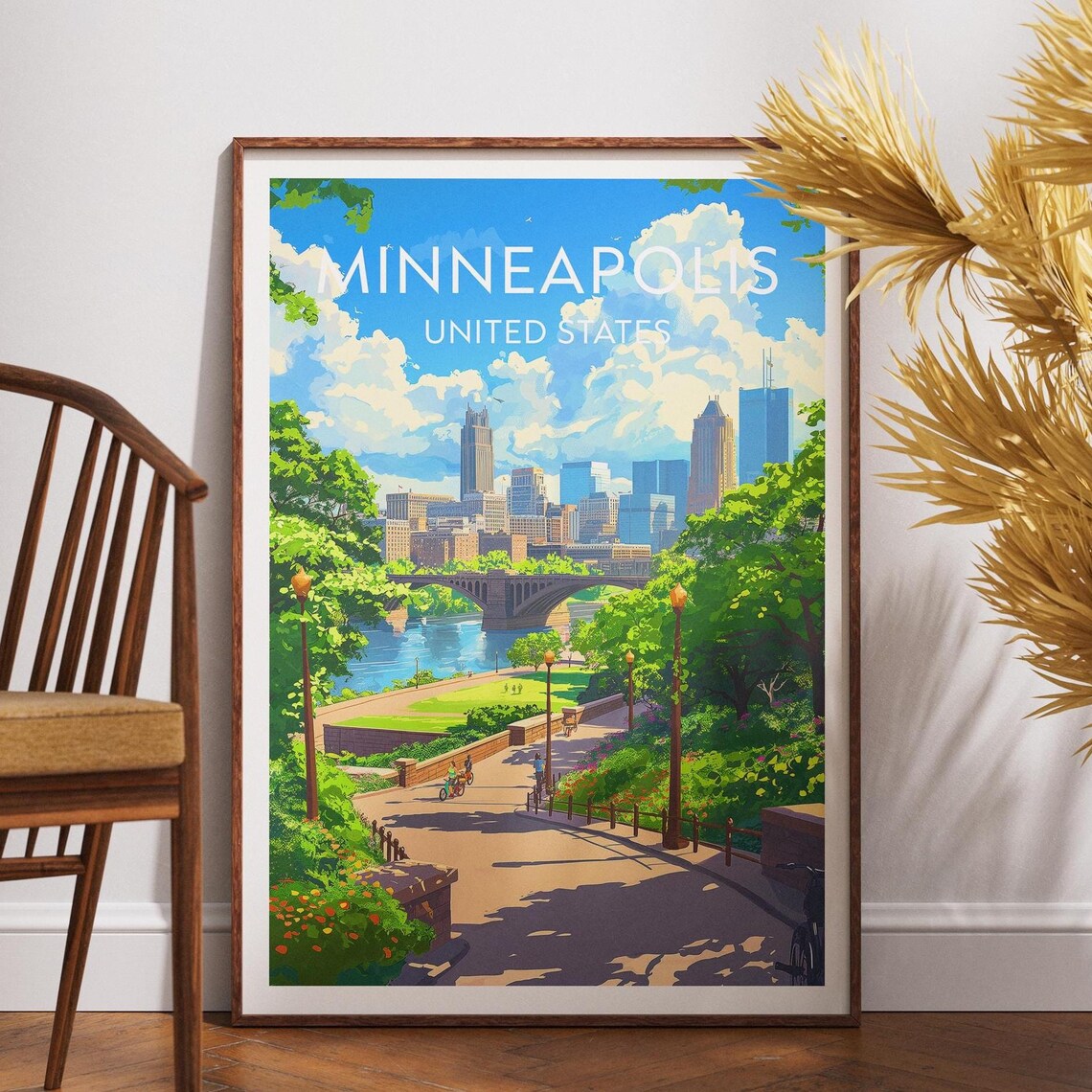 Minneapolis United States River Bridge Skyline Park Travel Poster