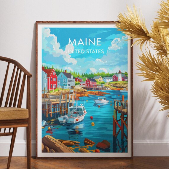 Maine United States Fishing Harbor Boats Lighthouse Travel Poster
