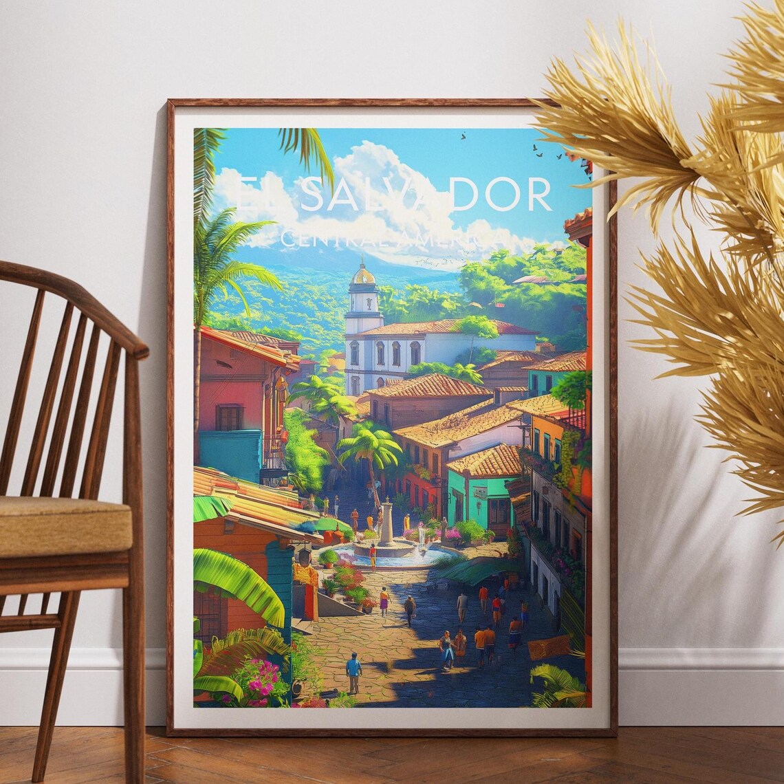 El Salvador Historic Old Town Street Church Square Travel Poster