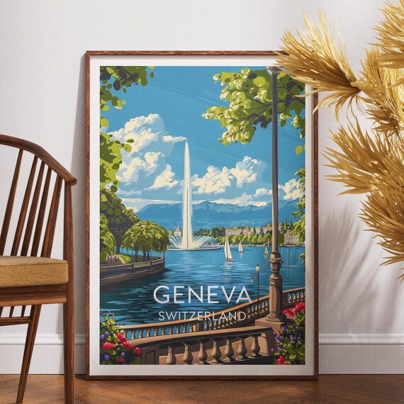 Geneva Switzerland Lake Jet dEau Fountain Sailboat Travel Poster