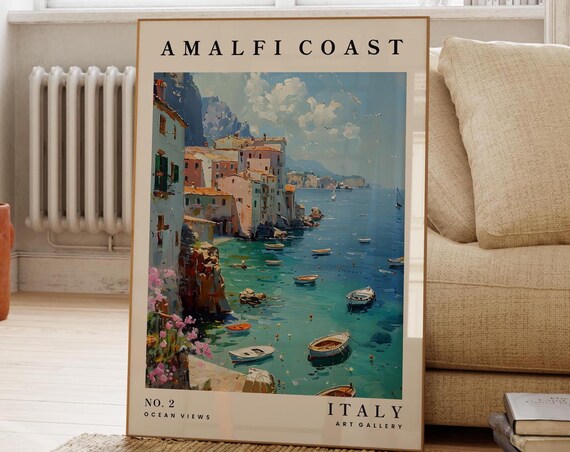 Amalfi Coast Italy Ocean Views Fishing Boats Pastel Village Art Poster