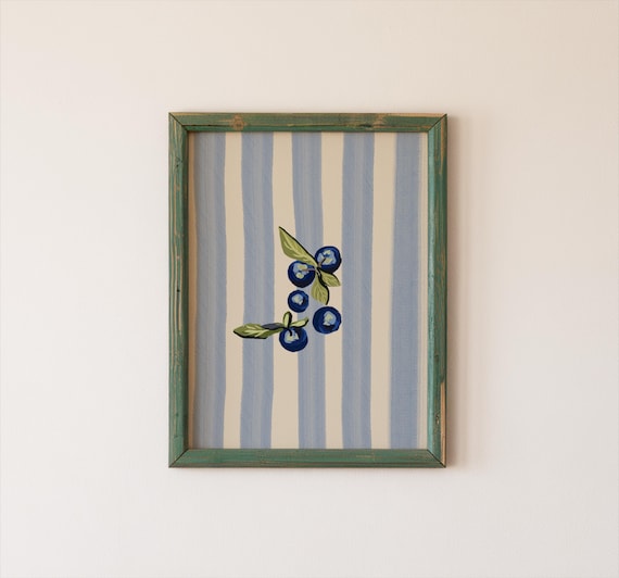 Blueberries On Blue Striped Background Vintage Fruit Art Poster