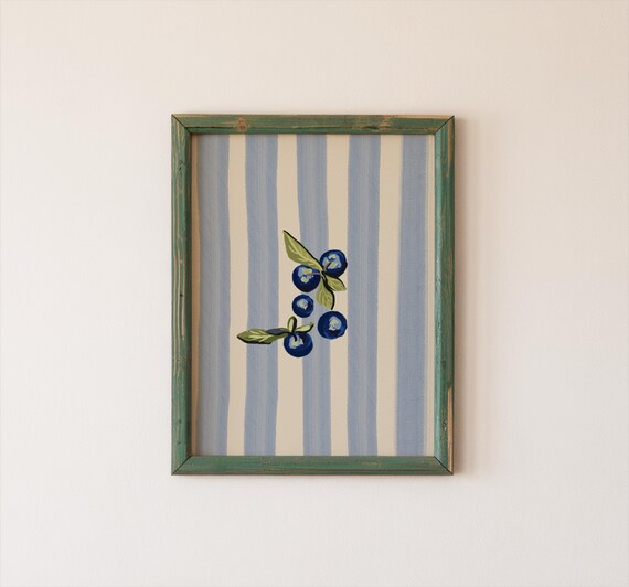 Blueberry Poster Mediterranean Print Blue Stripe Vintage Italy Kitchen Wall Art