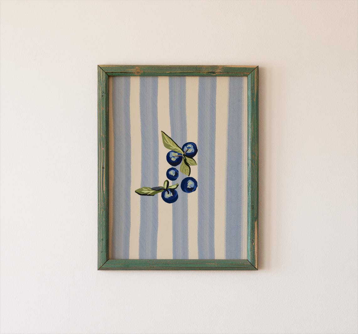 Blueberries On Blue Striped Background Vintage Fruit Art Poster