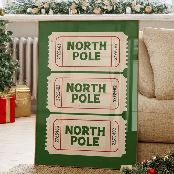 North Pole Retro Vintage Ticket Stubs Green Christmas Art Poster