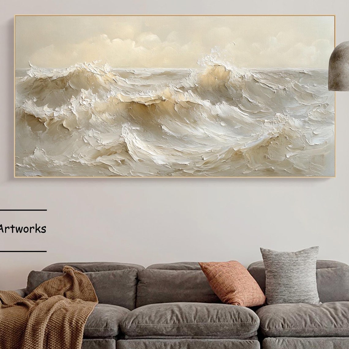 Crashing Beige Waves With White Spray Textured Ocean Art Poster