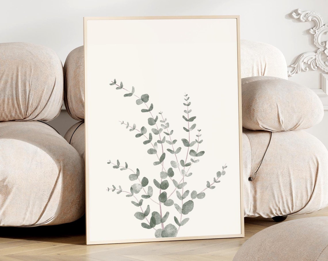 Minimalist Eucalyptus Branch Watercolor Botanical Living Room Wall Art