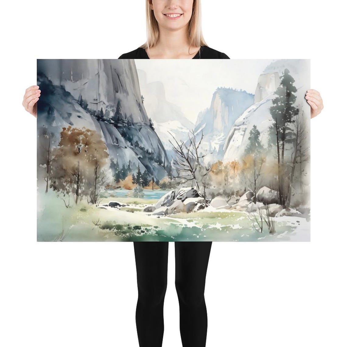 Yosemite Granite Cliffs Over Green Valley River Watercolor Poster - Image 5