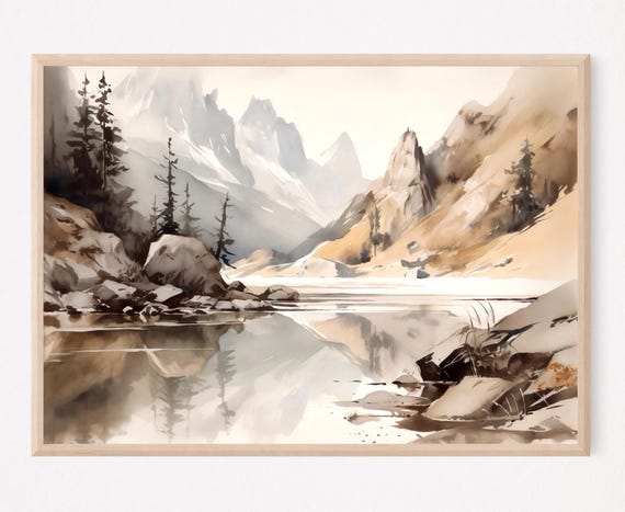 Watercolor Painting Art Print Mountain Lake Large Wall Art Neutral Home Decor Gift Art