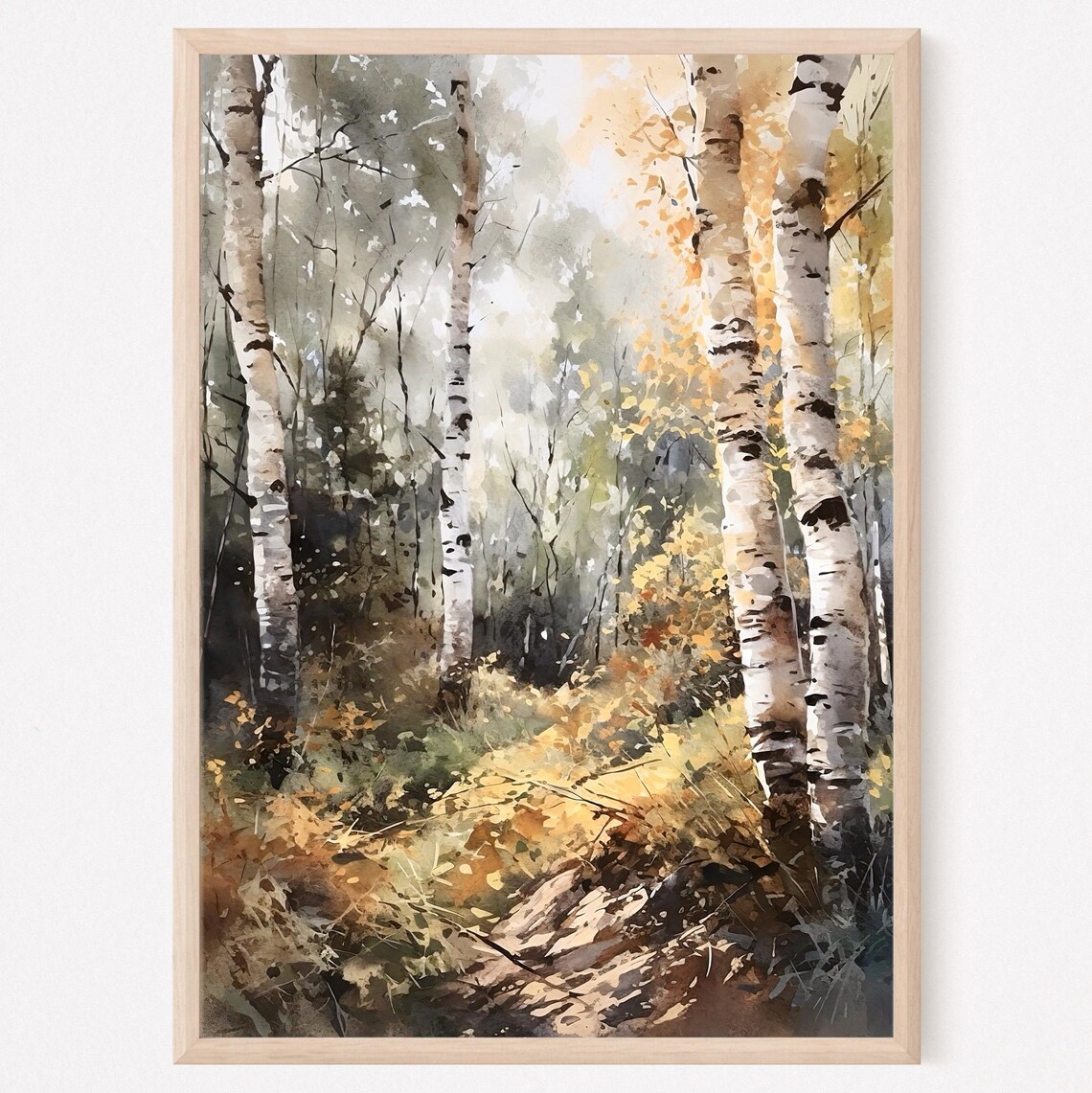 Autumn Birch Grove Golden Ferns Woodland Watercolor Painting Poster