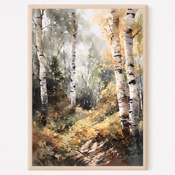 Birch Woods Art Print Watercolor Birch Tree Painting Fall Birch Trees Artwork Landscape Wall Art