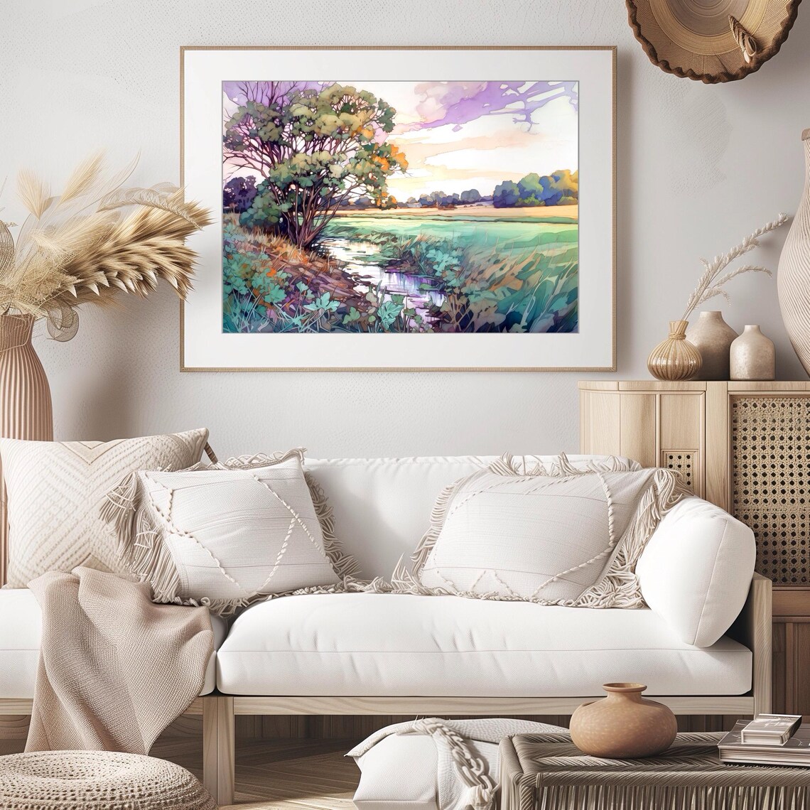 Sunlit Tree by Stream Pastel Meadow Watercolor Art Scene Poster - Image 3