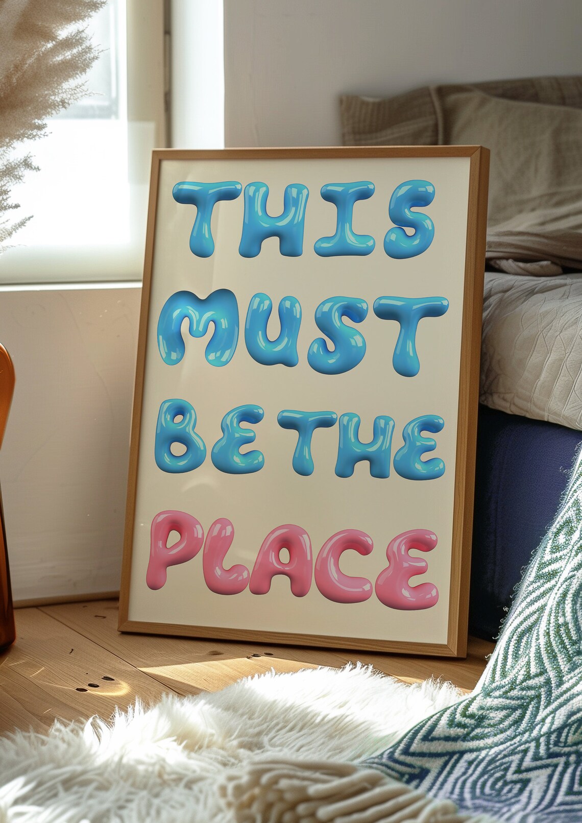 This Must Be The Place Blue And Pink Bubble Letters Quote Poster - Image 3