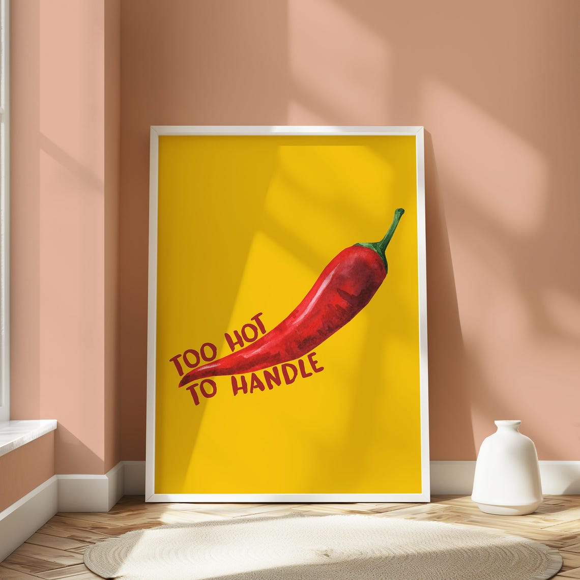 Too Hot To Handle Red Chili Pepper Yellow Retro Kitchen Art Print - Image 3