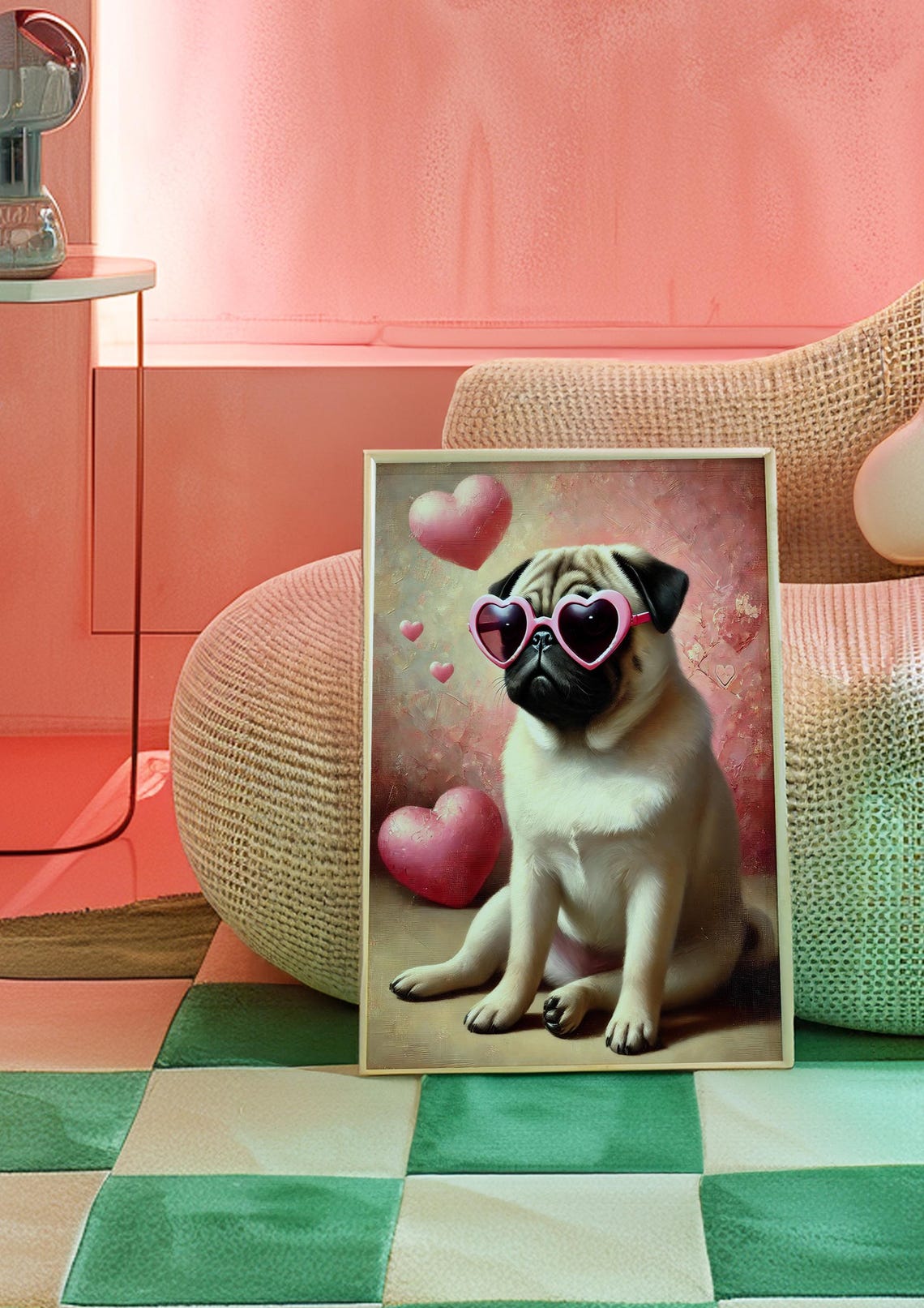 Pug Puppy Pink Heart Sunglasses Valentine Dog Painterly Poster - Image 3