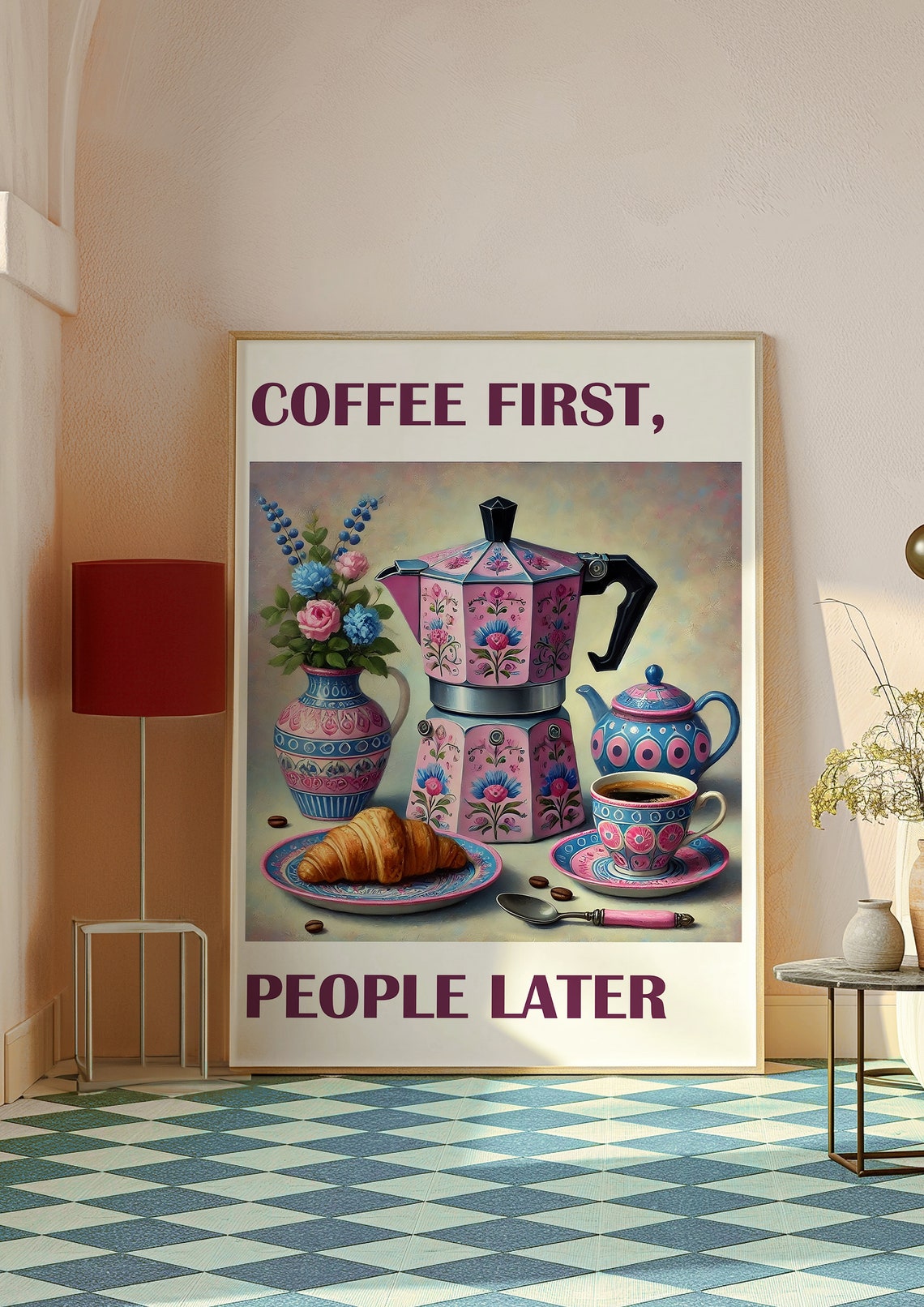 Coffee First People Later Funny Pink Floral Moka Pot Quote Poster - Image 2