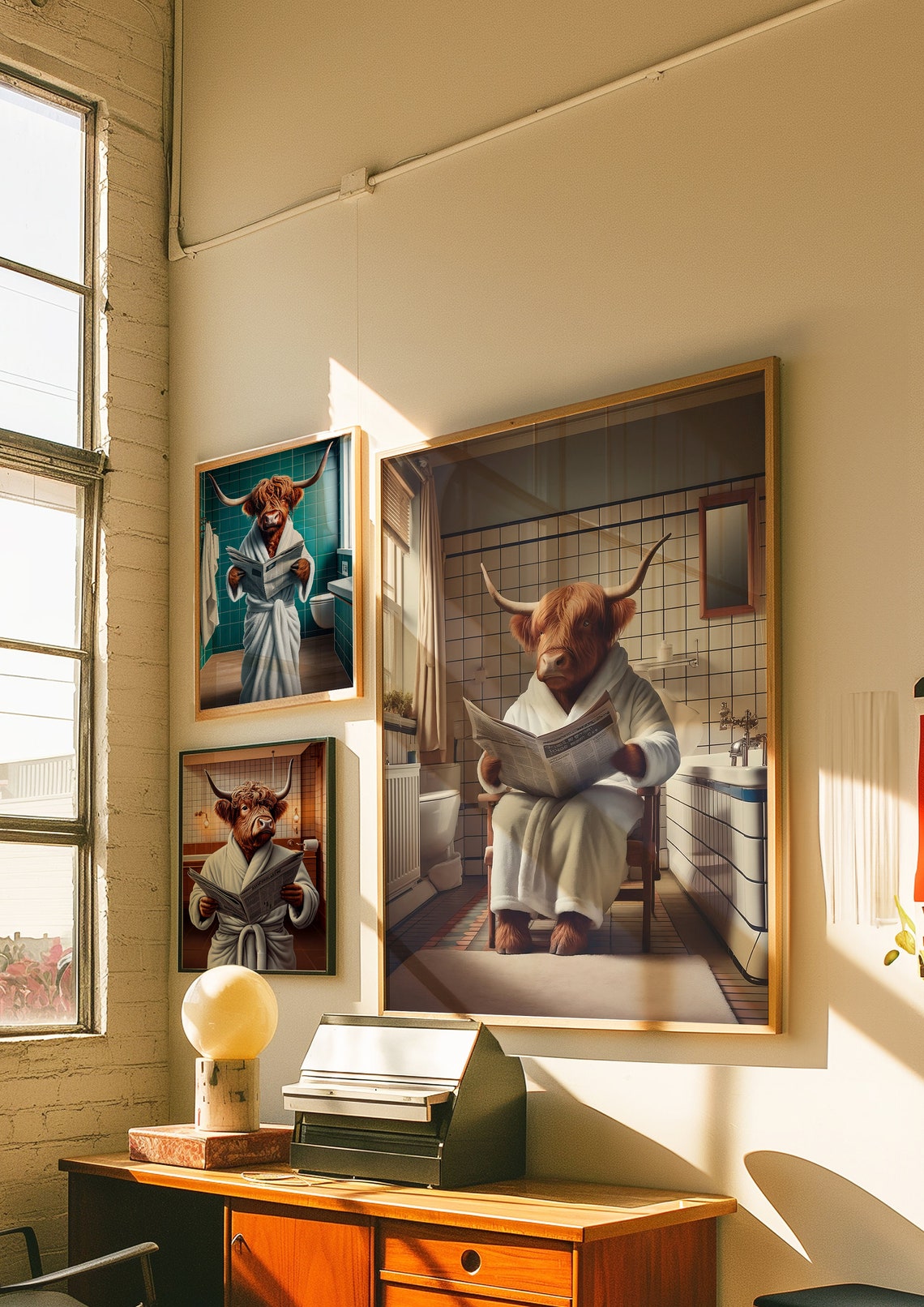 Highland Cow Bathrobe Reading Newspaper Funny Bathroom Poster - Image 2