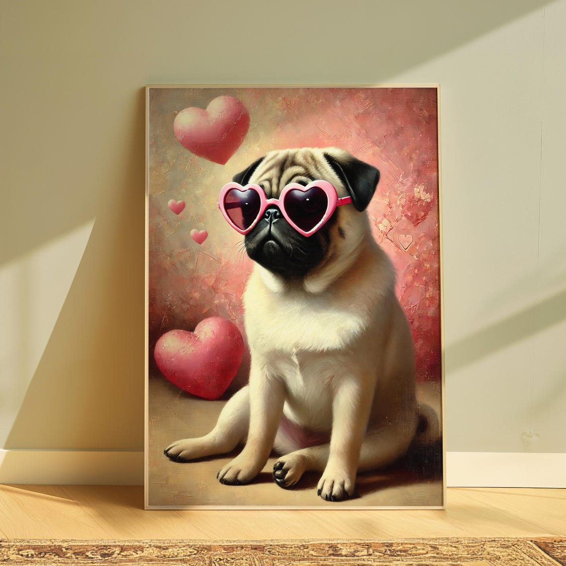 Pug Puppy Pink Heart Sunglasses Valentine Dog Painterly Poster - Image 4