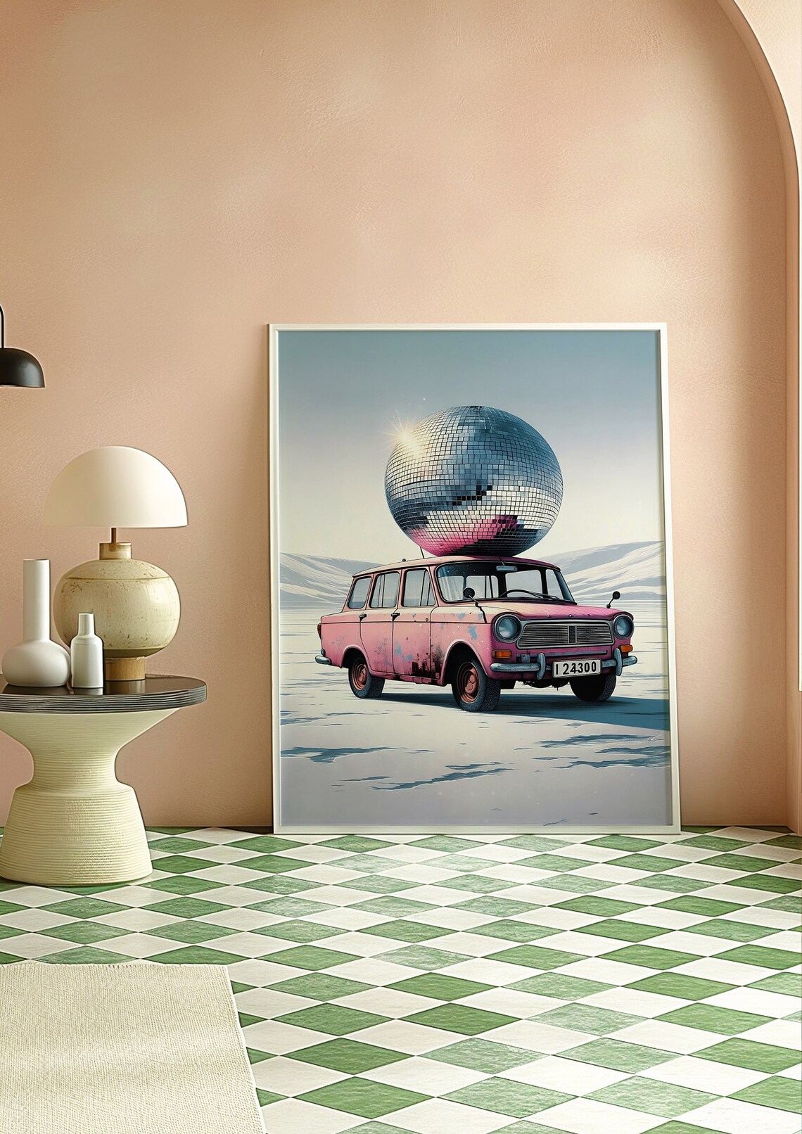 Pink Retro Car Giant Disco Ball Roof Snowy Road Scene Poster - Image 3