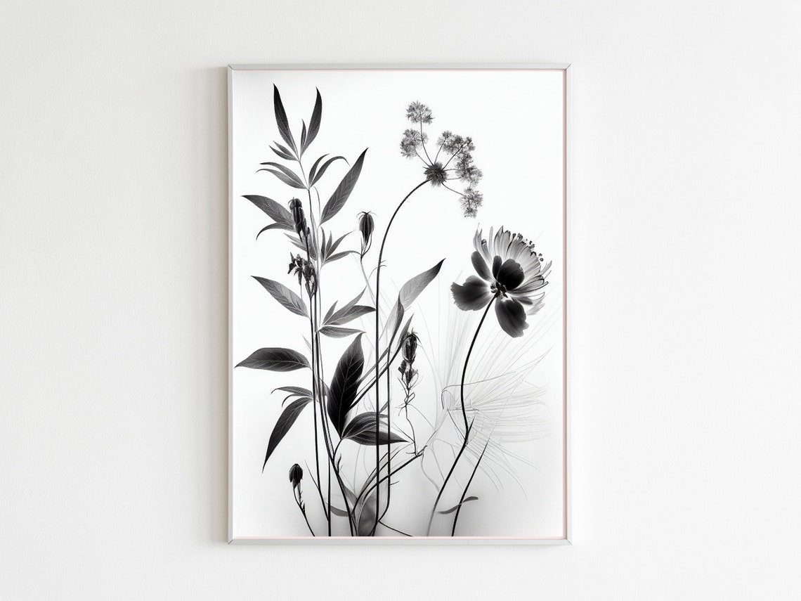 Black and White Botanical Leaves and Flowers Silhouette Poster