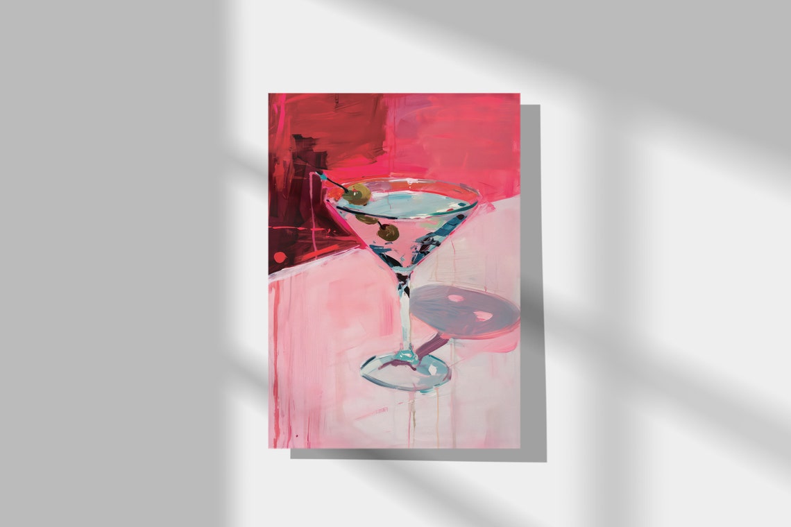 Martini Cocktail With Olives Pink Abstract Bar Cart Art Print - Image 2