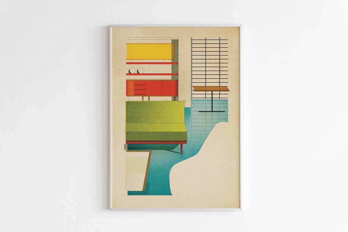 Abstract Modernist Living Room Green Sofa Geometric Interior Design Poster