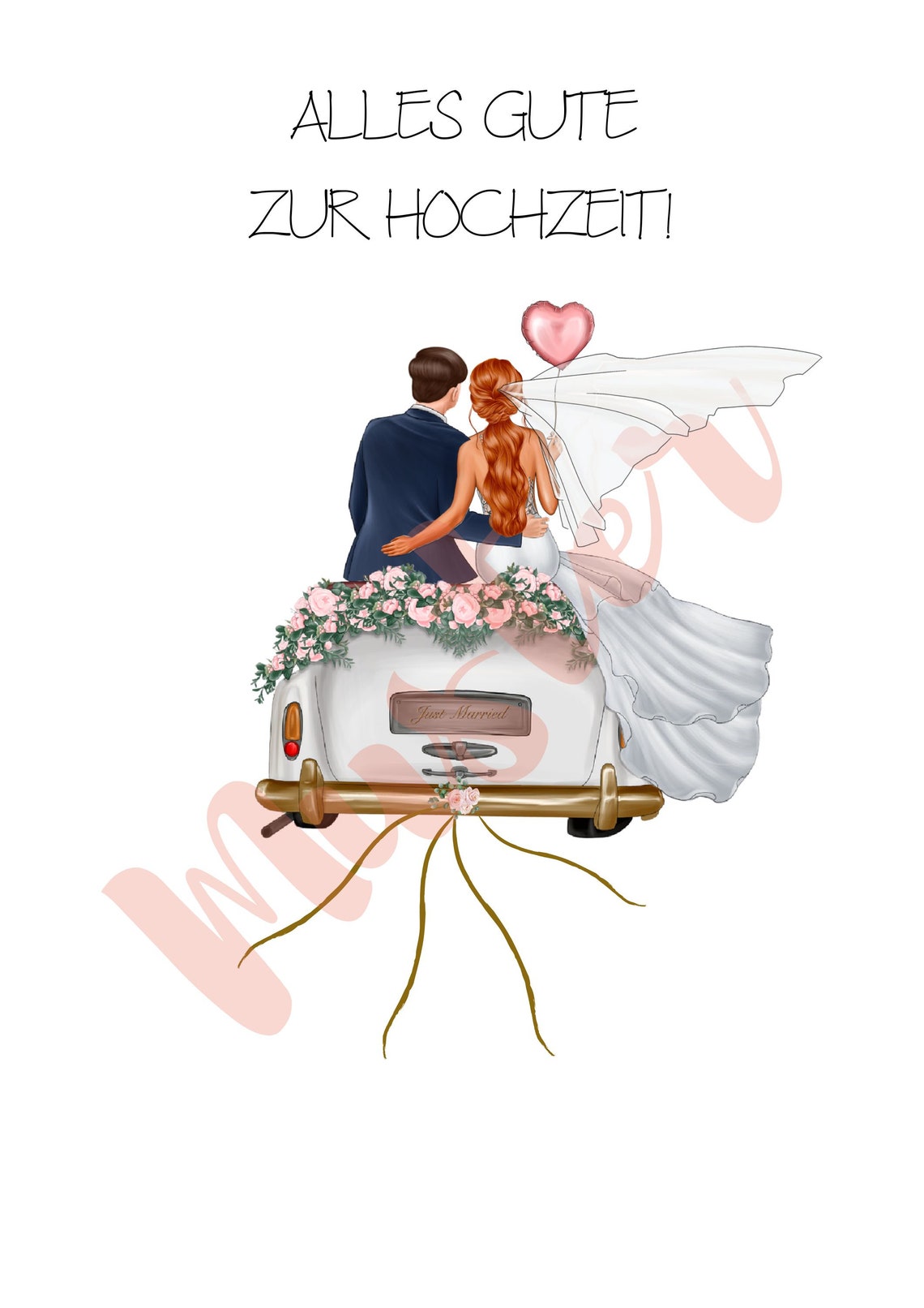 Reddish Brown Updo Bride Champagne on Floral Just Married Car Poster - Image 3