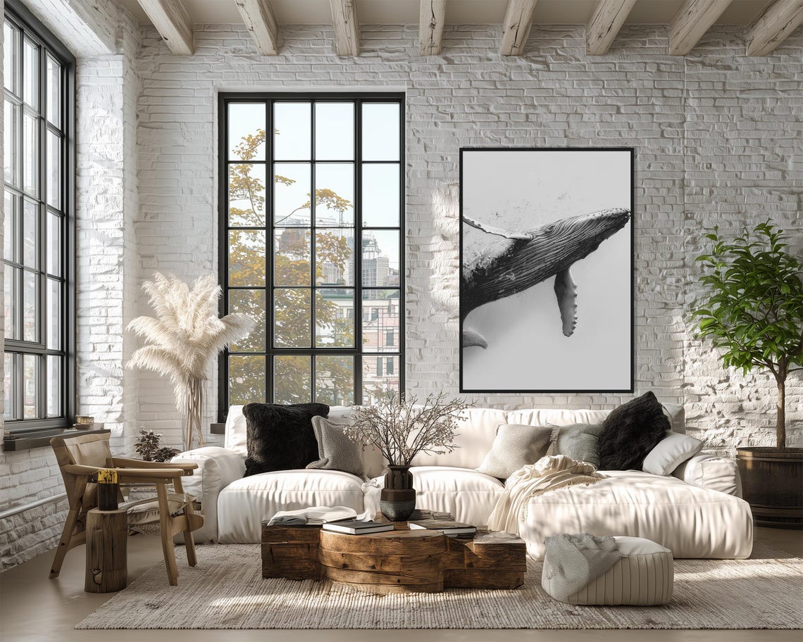 Whale Wall Art Black And White Modern Print Nautical Ocean Poster Instant