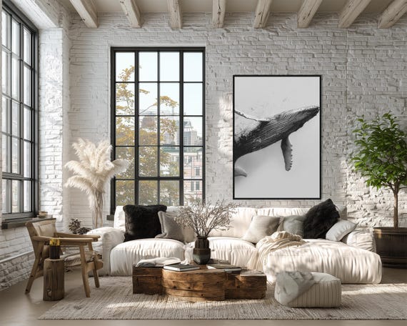 Whale Wall Art Black And White Modern Print Nautical Ocean Poster Instant