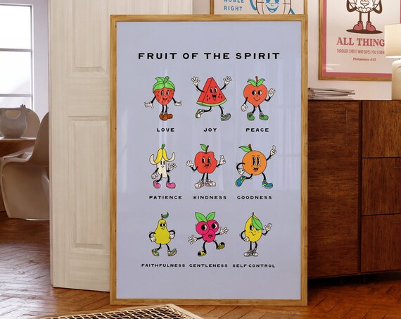 Fruit Of The Spirit Wall Art Poster Purple Retro Mascot Wall Art Christian Wall Art Trendy Posters Bible Verse Art Cute Wall Print Gift