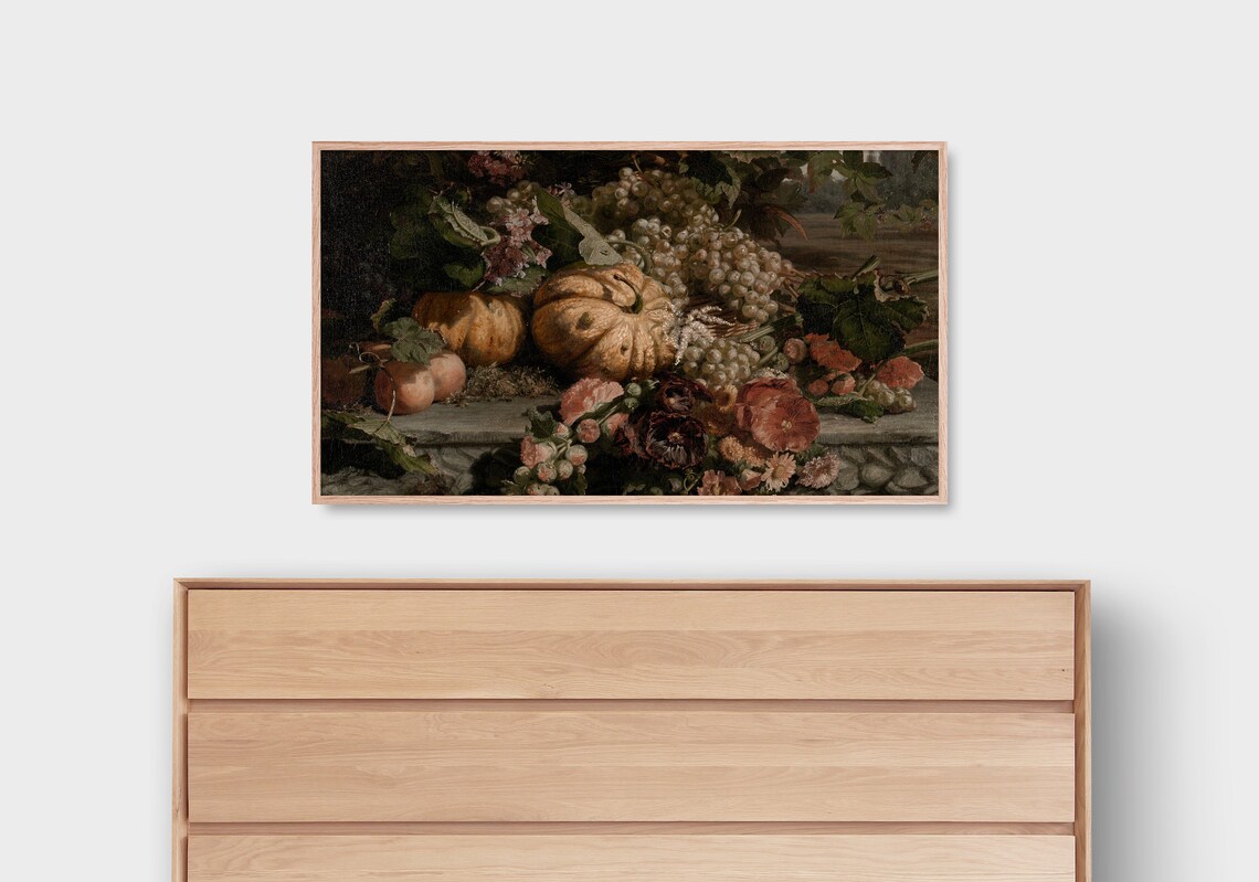 Vintage Autumn Harvest Still Life Pumpkins Grapes Flowers Rich Oil Painting Art - Image 2