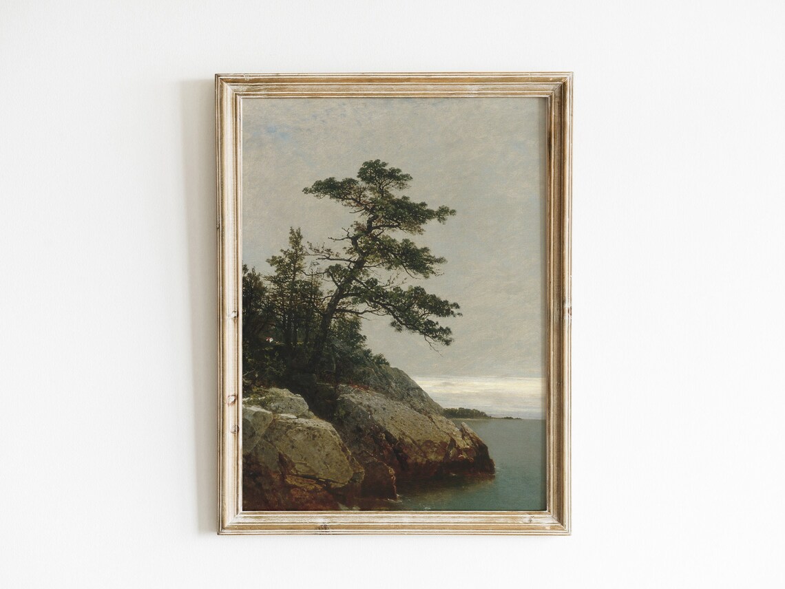 Windswept Pine Rocky Coastline Calm Sea Vintage Seascape Poster - Image 4