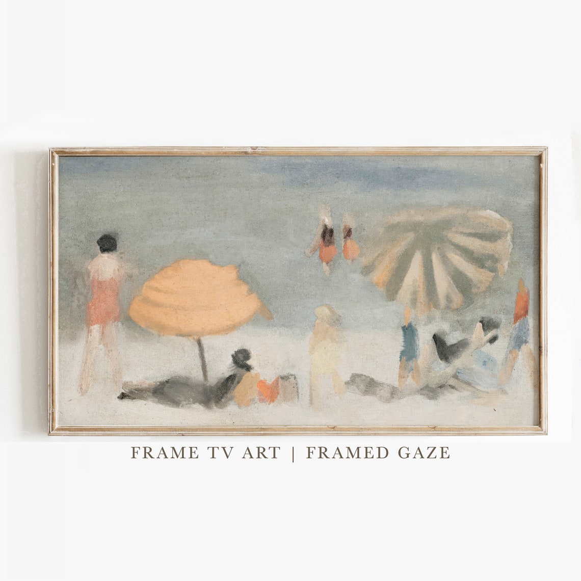 Vintage Beach Bathers Umbrellas Impressionist Coastal Painting Poster