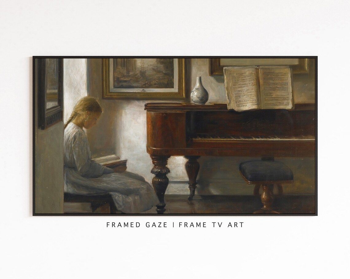 Vintage Girl Reading By Piano Quiet Interior Scene Oil Painting Poster