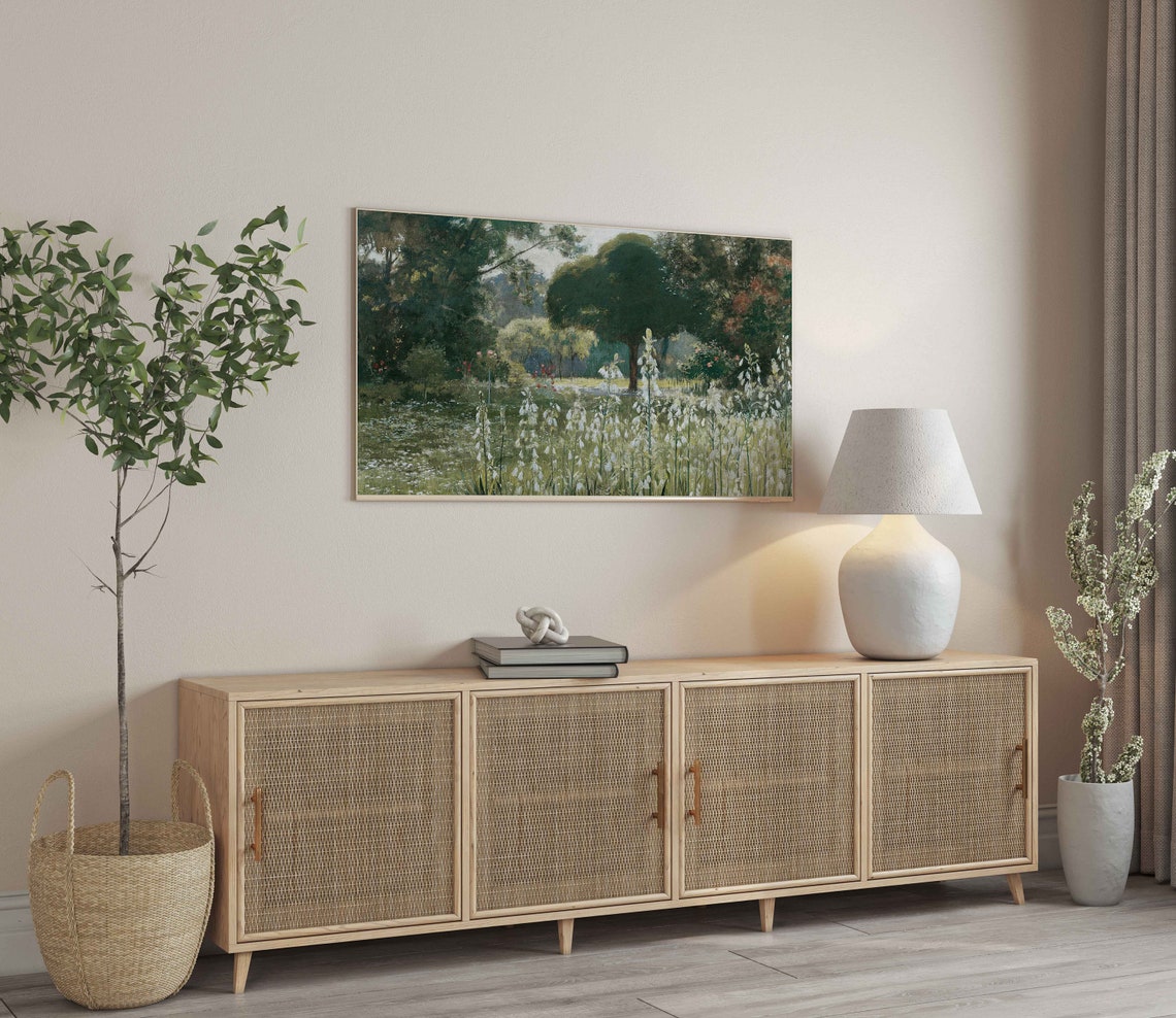 Vintage Spring Meadow Wildflowers Pond Landscape Frame TV Art Poster - Image 2