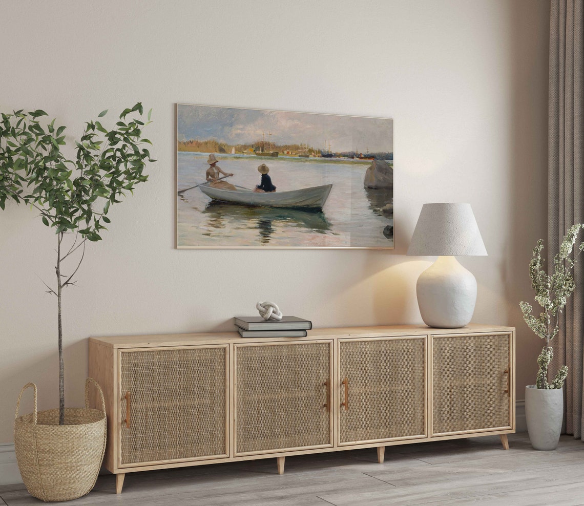 Vintage Rowboat At Dusk Two Women Sailing Scene Oil Painting Wall Art - Image 3