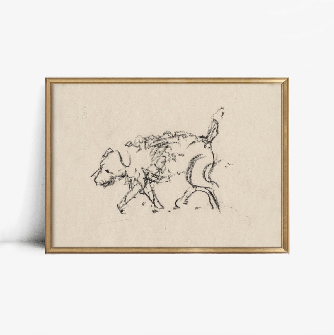 Running Dog Charcoal Sketch Playful Puppy Vintage Animal Art Poster